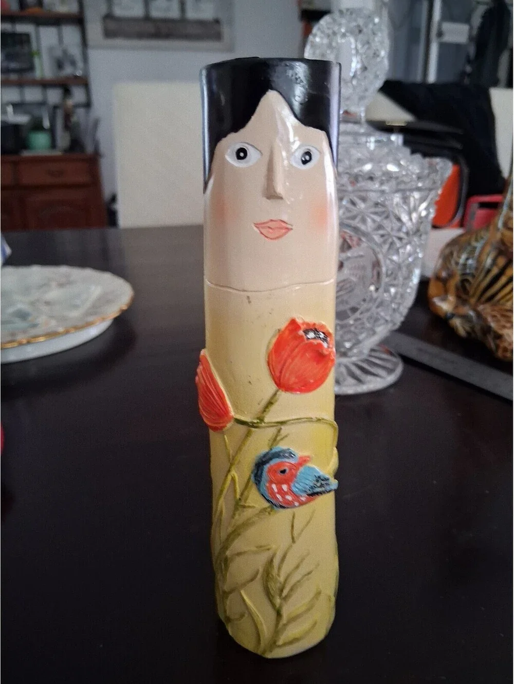 Vintage Hand-Painted Ceramic Figurine with Floral and Bird Design